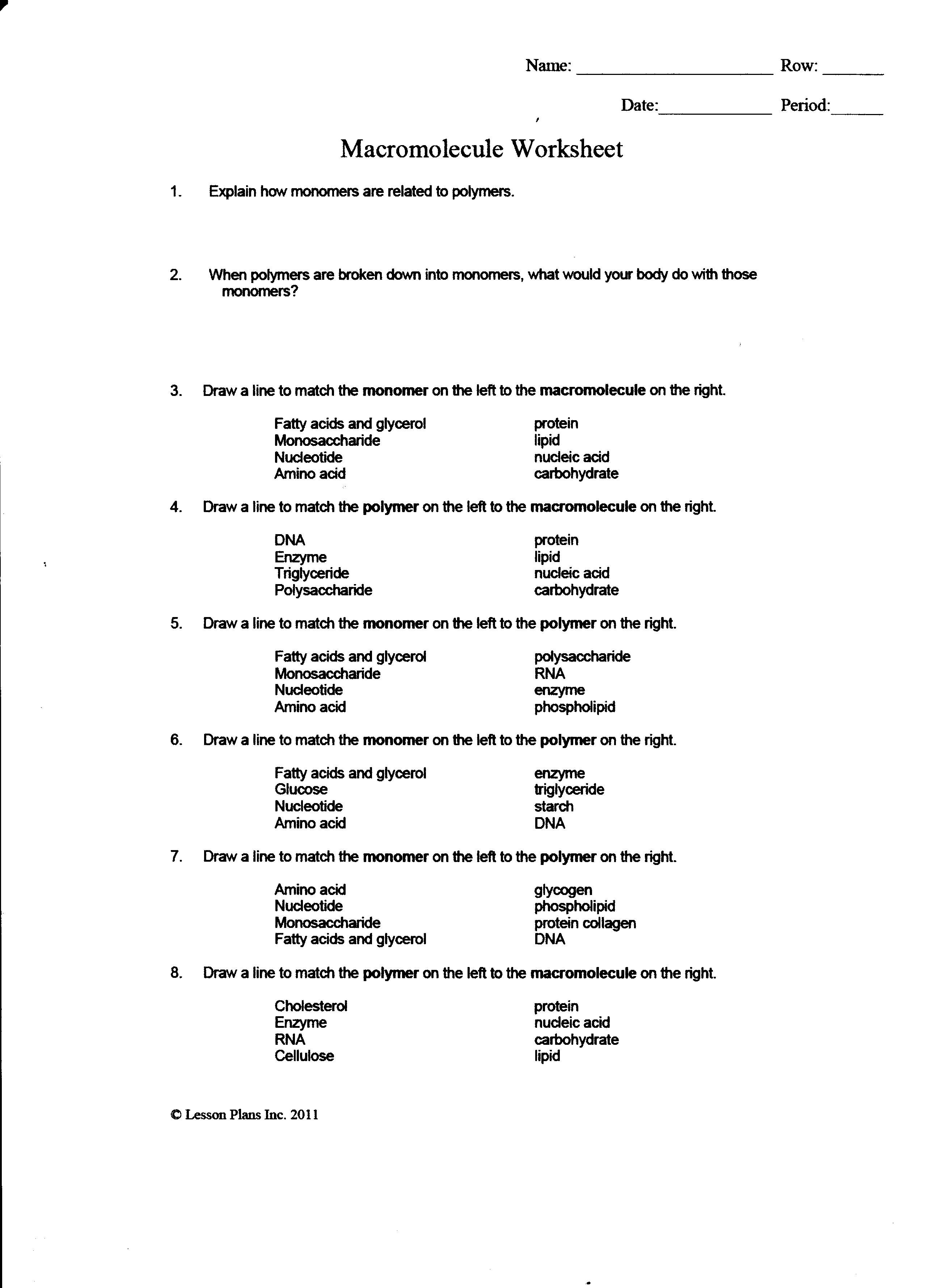 Week 25 Macromolecules (Proteins,carbohydrates, lipids Regarding Macromolecules Worksheet 2 Answers